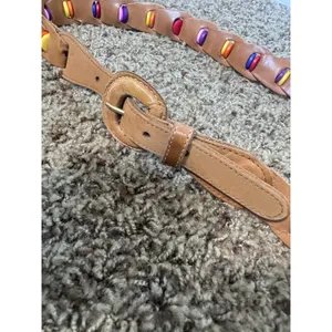 Vintage Uruguay Leather Woven Button Belt Tan Boho Colorful Womens Small 36in thumbnail 2
