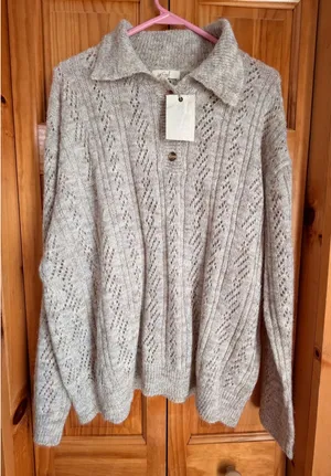 NWT Easel Los Angeles Pointelle Knit Polo Sweater Oatmeal Beige Wool Blend Large thumbnail 1