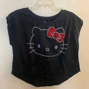 Hello Kitty Womens Black T Shirt S Small Face Head Jeweled Jewels Red Silver thumbnail 1