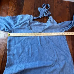 Cloth & Stone Blue Tencel Chambray Mini Dress Tie Back‎ Ruffle Bell Sleeve L thumbnail 7