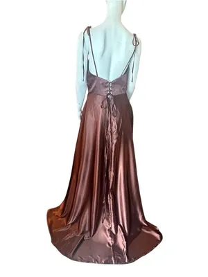 Monvelli Satin Cowl Neck Evening Gown w/Thigh High Slit & Pockets Brown 12 NWT thumbnail 5