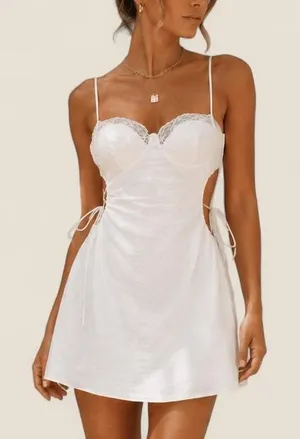 Princess Polly white linen blend lace bustier ruched mini dress XXS thumbnail 1