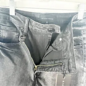 RISEN High Rise Crossover Released Frayed Hem Two Tone Black Wash Denim Jeans 25 thumbnail 7