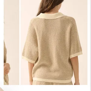 Prómesa NWT Days of Joy Striped Short-Sleeve Polo Sweater size L in Cream & Sand thumbnail 10