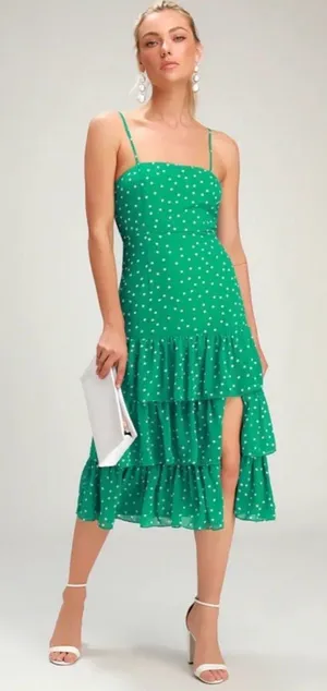 Lulus NWT Women Large Nellie Green Polka Dot Ruffle Midi Dress Dainty Romantic thumbnail 1