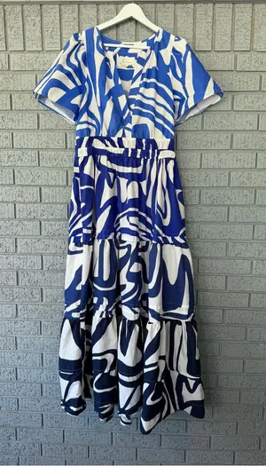 Anthropologie The Somerset Maxi Dress Slate Blue Swirl Abstract Print Size Large thumbnail 1