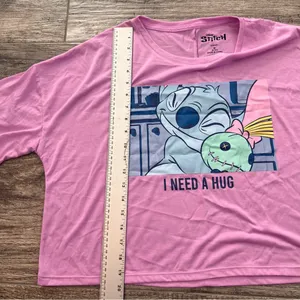 Disney Stitch Angel Hugging '' I NEED A HUG''Crop T-Shirt PURPLE/PINK MEDIUM #18 thumbnail 3