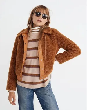 Madewell Sherpa Portland Jacket In Gold Peckan Snap Button‎ Brown XS thumbnail 1