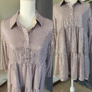 Maeve Bettina Sequined Tiered Shirtdress Medium Petite Dusty Purple Mini NWT thumbnail 13