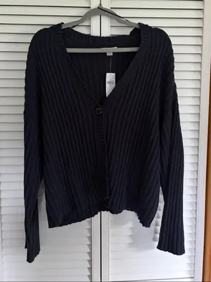 American Eagle Outfitters Dark Navy Ribbed V‑Neck Cardigan thumbnail 1