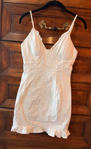 MABLE White Denim Corset Mini Dress Size S Ruffle Hem Coquette thumbnail 1