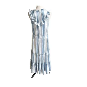MISA Los Angeles Medium Aleja Stripe Print Linen Midi Dress White Blue Tassel thumbnail 4