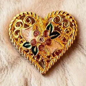 Vintage Gold Tone Heart Brooch I Love You Floral Enamel Rhinestone Pin thumbnail 4