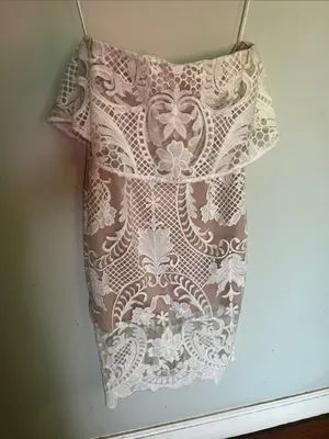 Showpo Nude Strapless Dress with White Lace Overlay thumbnail 1