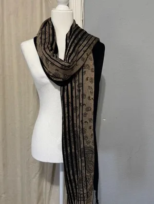 Black and Tan Paisley Floral Pashmina Wrap Scarf Shawl with Fringe Trim 28x72 in thumbnail 1