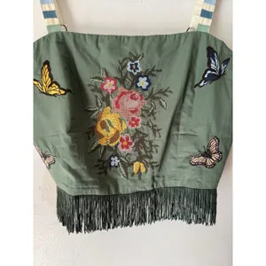 EDDY Green Floral Butterfly Needlepoint Fringe Crop Corset Top Size Large thumbnail 3