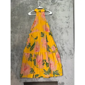 Trina Turk Yellow Floral Halter Maxi Dress Tiered Resort Boho Women’s Medium thumbnail 3