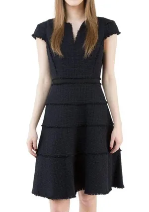 Rebecca Taylor Deep Purple Tiered Tweed Knit Fit & Flare Cap Sleeve Dress Fringe thumbnail 1