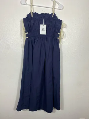 Navy Midi Dress with White Trim and Spaghetti Straps Size L 100% Cotton thumbnail 6