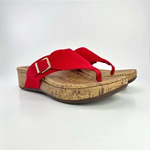Vionic Orthaheel Marbella Red Textile Thong Buckle Cork Wedge Sandals 8W Coastal thumbnail 2