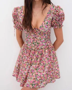 For Love & Lemons Paulina Mini Dress ASO Ariel Winter Pink Floral Puff Sleeve XS thumbnail 1