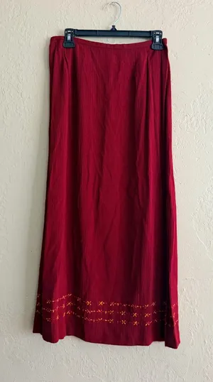 Norton McNaughton Deep Red Maxi Skirt with Hem Embroidery thumbnail 1