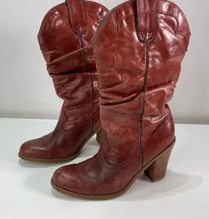 Steve Madden Cowgirl Boots Distressed Slouch Leather Mid Calf Brown Red 6M Boho thumbnail 1