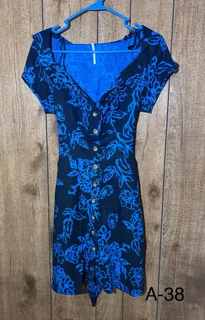 Free People 0 Blue Floral Linen Blend Button Front Tie Waist Dress Pockets thumbnail 1