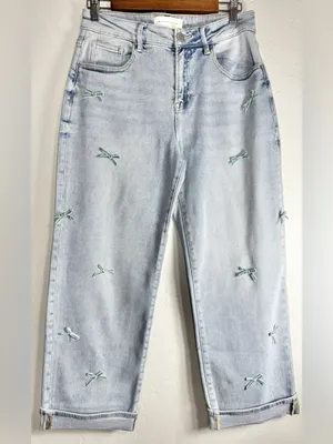 Risen Cassidy High-Rise Barrel Leg Bow Detail Cropped Blue Jeans Size 5/27 thumbnail 6