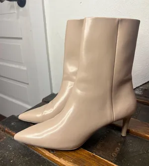 Vegan Beige Kitten Heel Pointed Toe Booties thumbnail 4