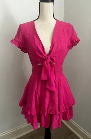 Hello Molly Pink Tiered Ruffle Mini Dress Small Tie Front Smocked Boho Romantic thumbnail 1