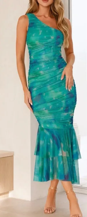 Hello Molly Euphoria One Shoulder Mesh Midi Dress Green Size 8 NWT thumbnail 1