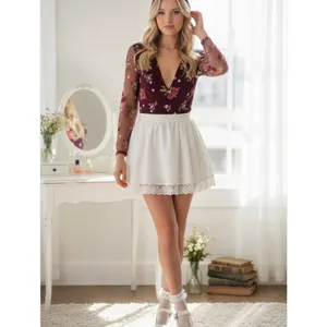 Express Mesh Floral Embroidered Long Sleeve V-Neck Bodysuit Women's‎ XS Coquette thumbnail 4