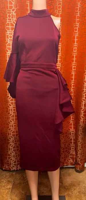 SHEIN Burgundy One Shoulder Bell Sleeve Midi Dress Size Medium thumbnail 1