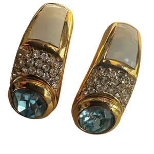 Vintage Christian Dior Blue Glass & White Enamel Clip-On Earrings thumbnail 5