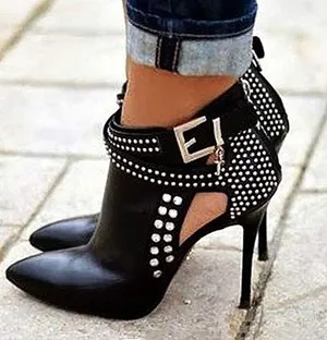 Sexy Black Rhinestone Faux Leather Stiletto Booties Size 8 thumbnail 1