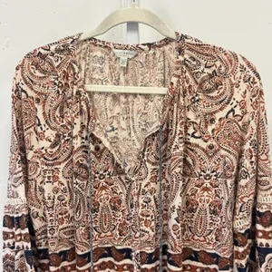 Lucky Brand Paisley Tassel Peasant Boho Jersey Blouse XL Cotton Linen Blend Rust thumbnail 3