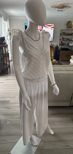 4OUR DREAMERS White Pinstripe Linen-Blend Tie-Shoulder Jumpsuit thumbnail 1