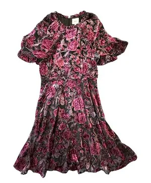Salt Dark Rose Floral Burnout Velvet Midi‎ Dress Puff Sleeve Pink Purple Ruffle thumbnail 1