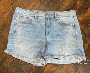 American Eagle distressed denim midi cut off cuffed shorts thumbnail 1