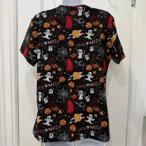 Scrub Top Womens Medium Black Halloween Ghost Pumpkin Print V Neck Tunic thumbnail 5