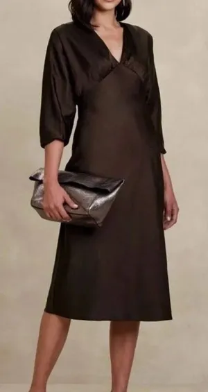 Banana Republic Satin Brown Bloussant-Sleeve Midi Dress V Neck Career Office 4 thumbnail 1