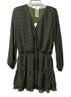 Sadie & Sage Womens Olive Green Animal Print Mini Dress Long Sleeve‎ Small NWT thumbnail 1