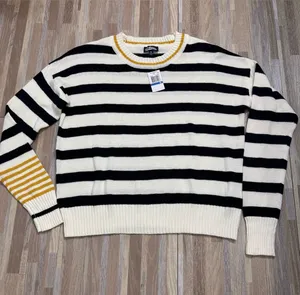 Freshman Black & Cream Striped Crewneck Sweater with Yellow Trim Women’s XL NWT thumbnail 1