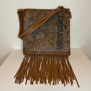 WRANGLER Floral Embossed Fringe Hobo Shoulder Bag Cowgirl PU Leather Brown thumbnail 1