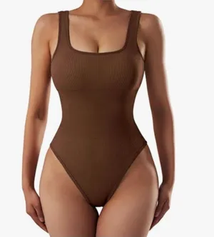 Brown ribbed tank shapewear bodysuit square neck Size XL thumbnail 1