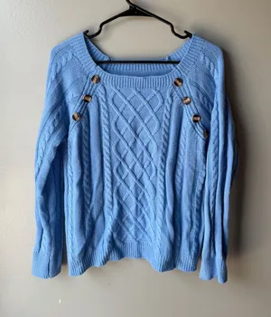 Cable Knit Sweater Blue Women’s Medium Button Shoulder Cozy Knit thumbnail 1