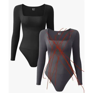 NEW Black Ribbed 1 Piece Square Neck Long Sleeve Bodysuits S thumbnail 5