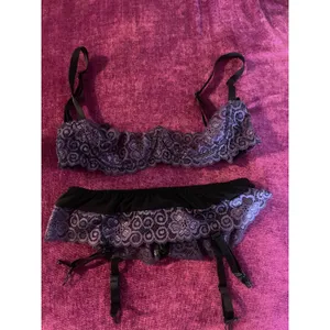 Vintage ESCANTE 2 pc lingerie set balconette bra garter belt purple lace small s thumbnail 7