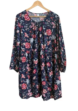 Old Navy Navy Floral Peasant Dress Women's Large Boho Keyhole Rayon Mini thumbnail 1